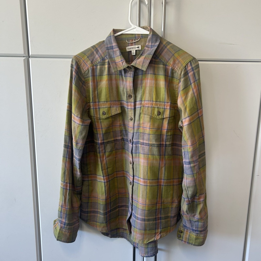 Toad&Co Mens Small Green Purple Plaid Flannel Button Down Shirt Long Sleeve